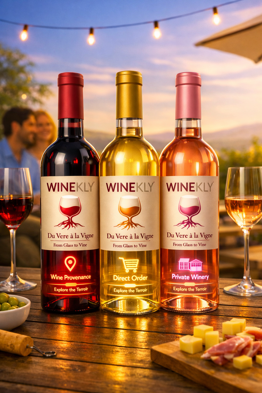 Trois bouteilles WINEKLY — rouge, blanc et rosé — sur une table en terrasse.